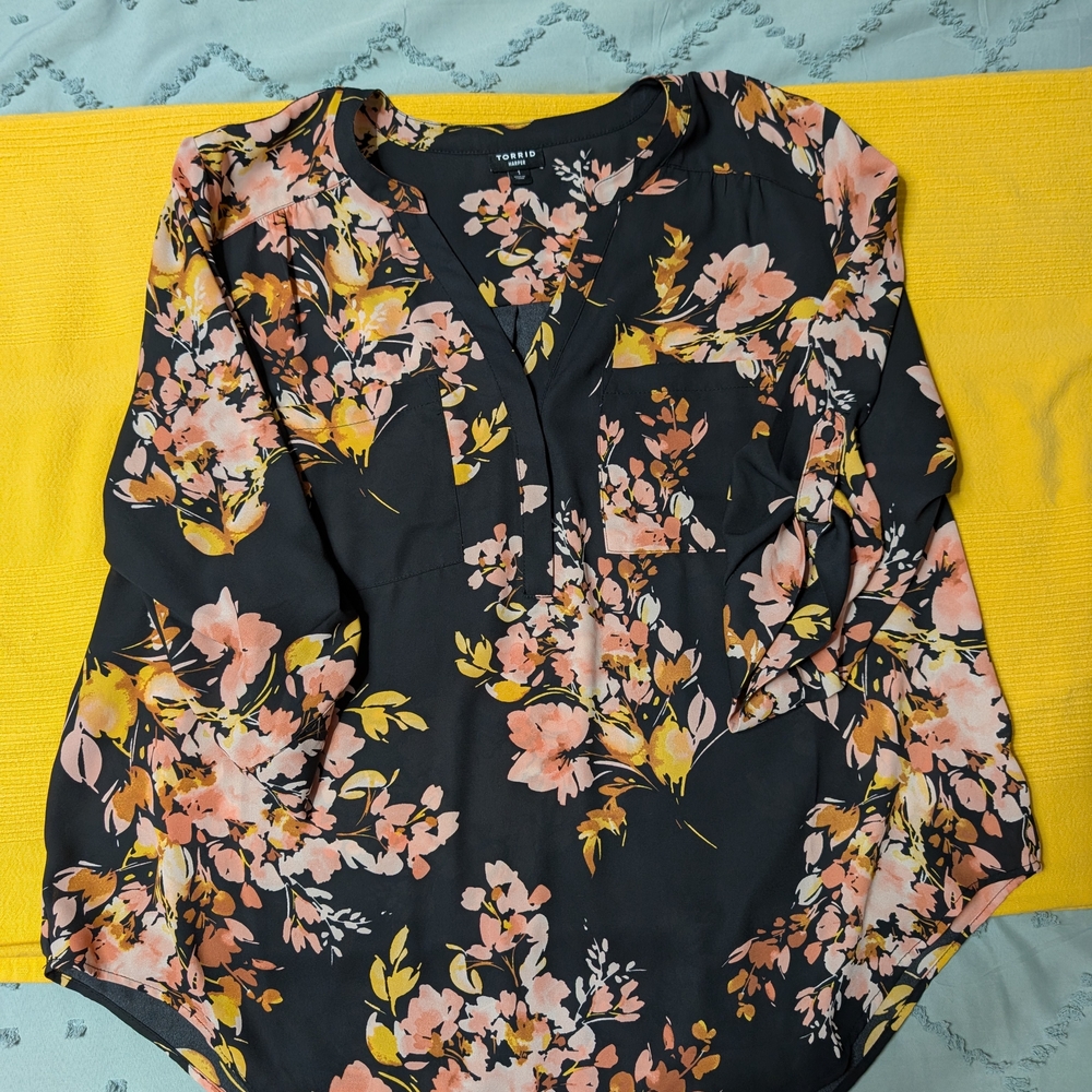 Torrid Black and Pink Floral Blouse